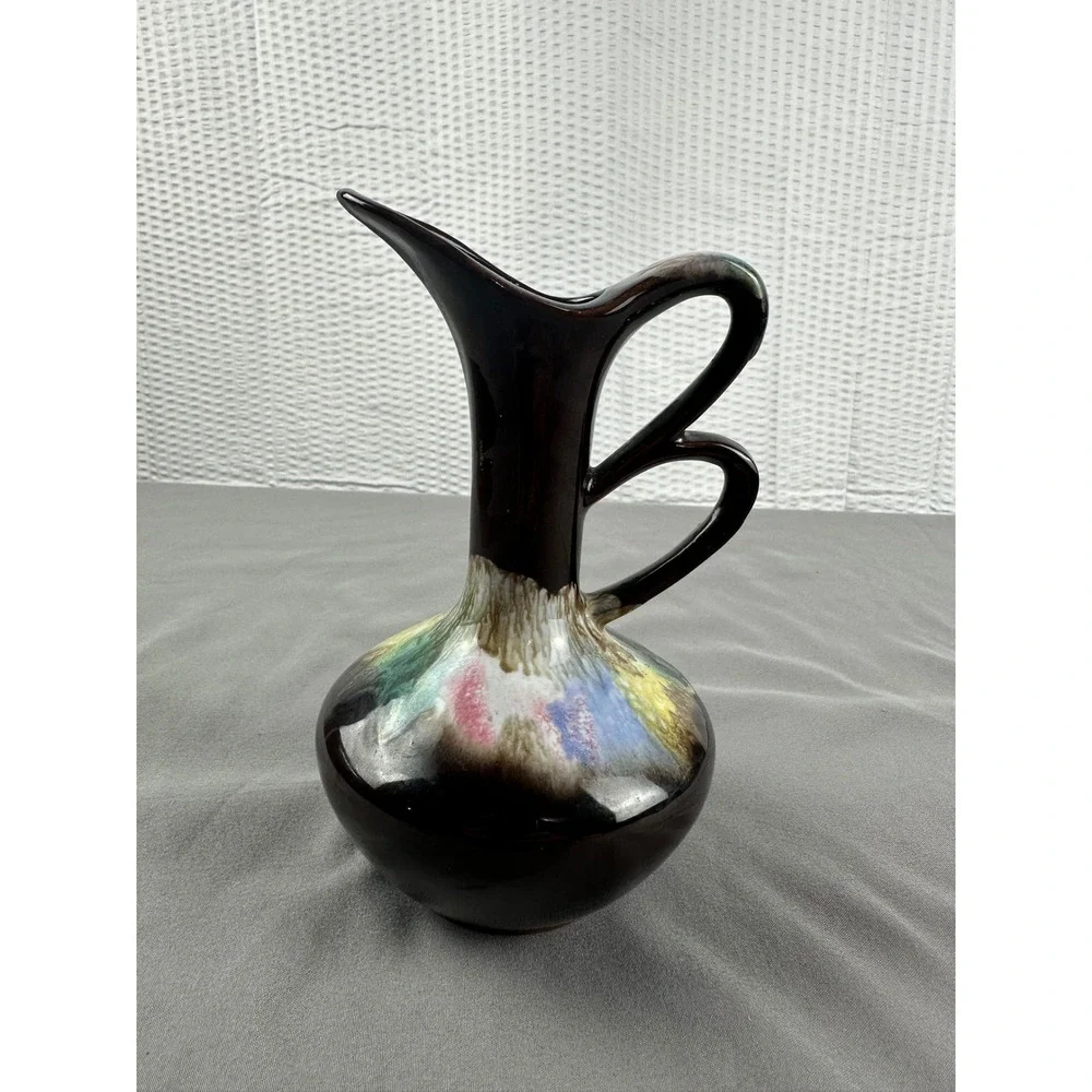 Sonsco Japan Redware Ceramic Pitcher Vase‎ Brown Multi Color Drip Glaze VTG